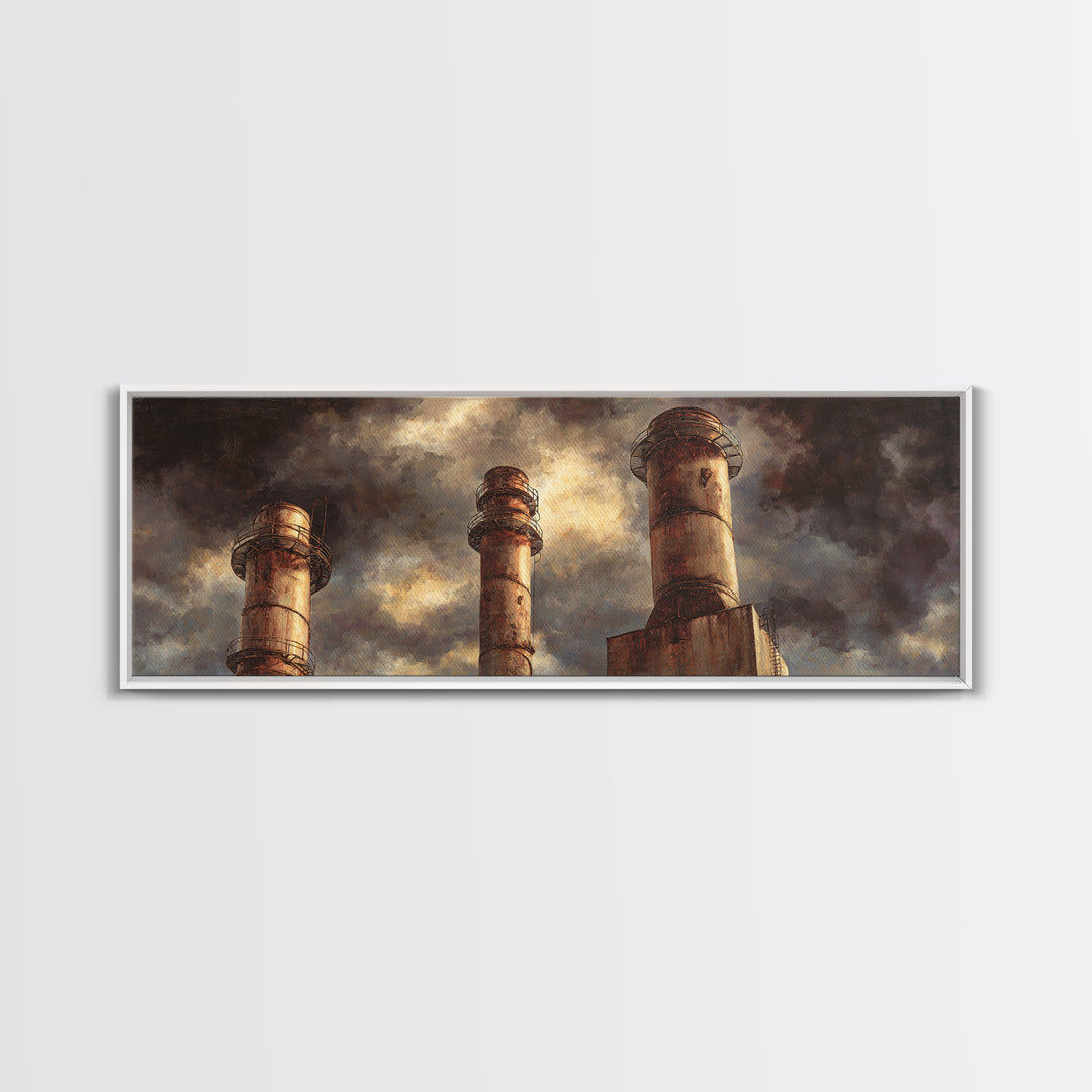Factory Smokestacks with Moody Sky Canvas Print, Industrial Art, Black and White Wall Art, Living Room Decor, Fine Art, Foundry, IND-3x1-75