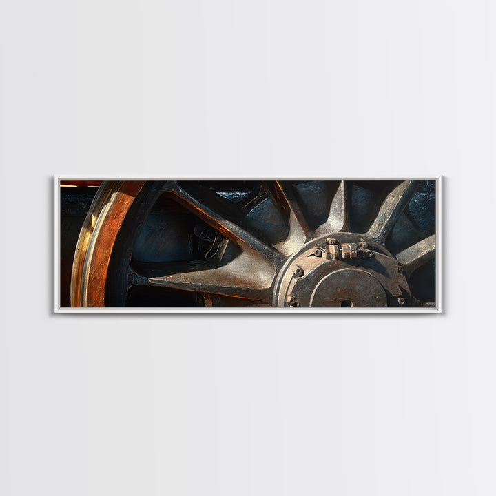Steam Locomotive Wheel Closeup Canvas Print, Industrial Art, Black and White Art, Living Room Decor, Watercolor Art, Foundry, IND-3x1-94