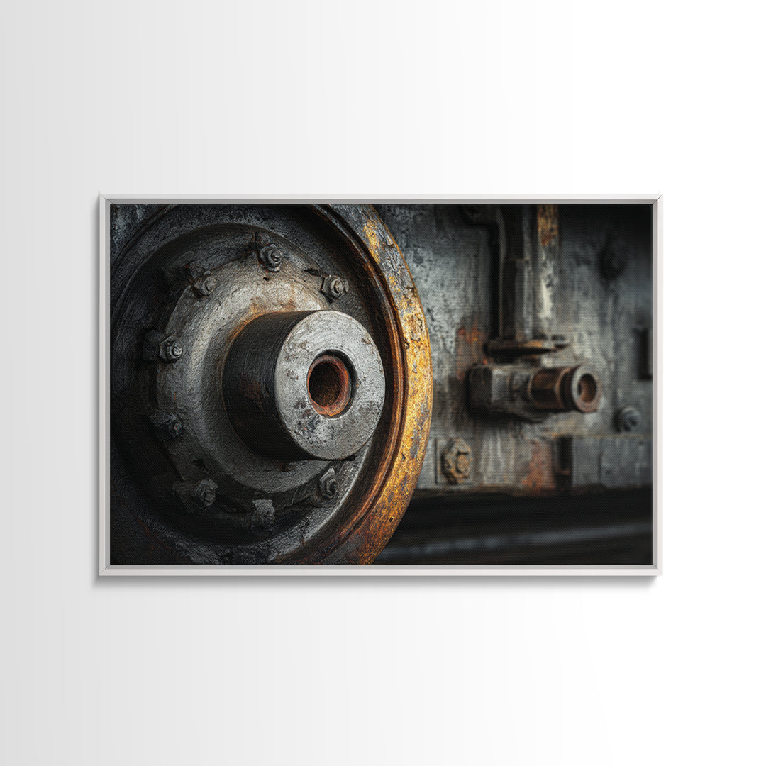 Steam Locomotive Wheel Closeup Framed Canvas Print, Industrial Art, Living Room Art, Living Room Decor, Fine Art, Foundry, IND-3x2-10