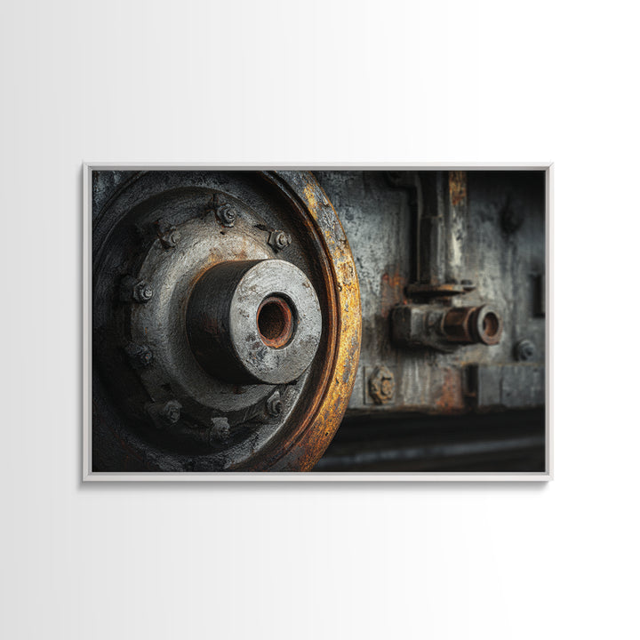 Steam Locomotive Wheel Closeup Framed Canvas Print, Industrial Art, Living Room Art, Living Room Decor, Fine Art, Foundry, IND-3x2-10