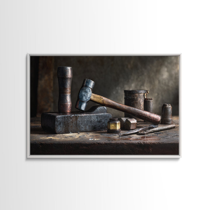 Blacksmith Tools on Dark Workbench Framed Canvas Print, Industrial Art, Metal Art, Living Room Decor, Fine Art, Foundry, IND-3x2-14