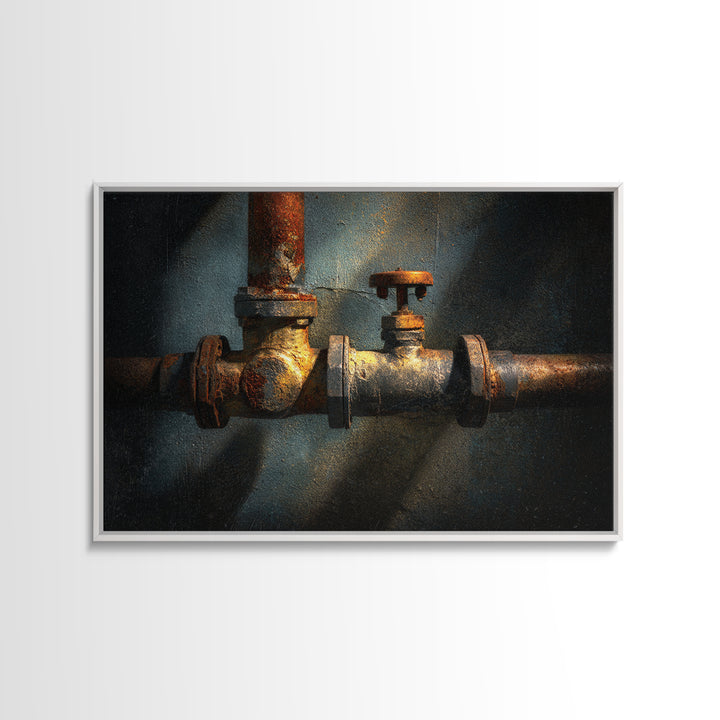 Metal Pipes and Valves as Graphic Composition Framed Canvas Print, Industrial Art, Luxury Decor, Living Room Decor, Foundry, IND-3x2-36