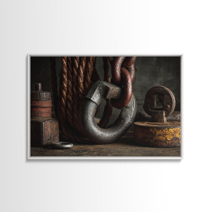 Chain and Hook Still Life Canvas Print, Industrial Art, Textured Painting, Living Room Decor, Watercolor Art, Foundry, IND-3x2-44