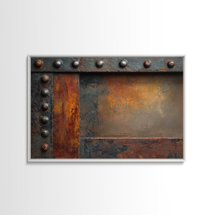 Riveted Metal Panel Texture Study Framed Canvas Print, Industrial Art, Living Room Decor, Oil Painting, Foundry, IND-3x2-50