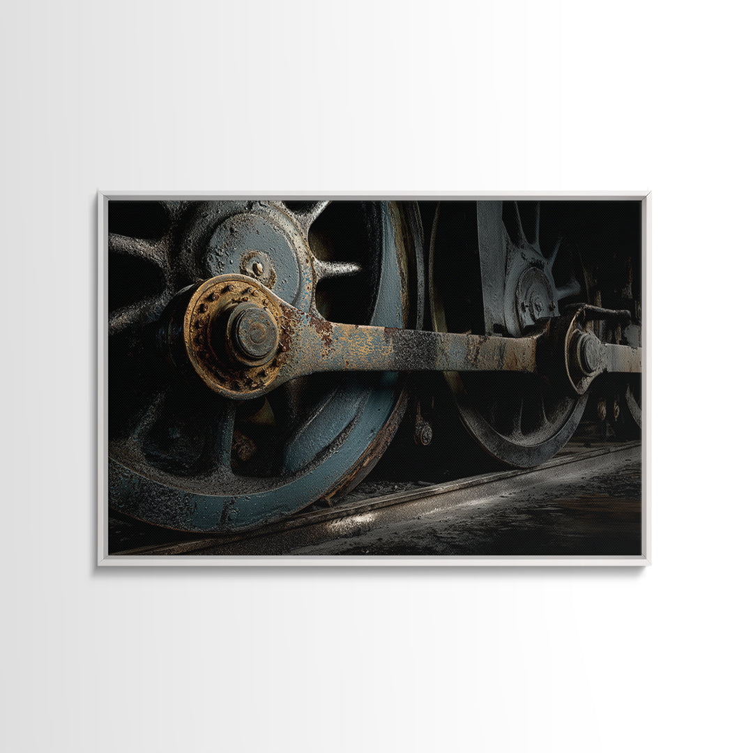 Steam Locomotive Wheel Closeup Canvas Print, Industrial Art, Black and White Art, Living Room Decor, Watercolor Art, Foundry, IND-3x2-58