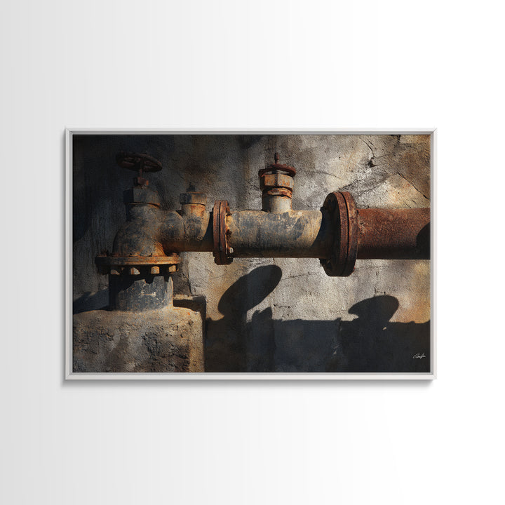 Metal Pipes and Valves as Graphic Composition Framed Canvas Print, Industrial Art, Art Prints, Living Room Decor, Foundry, IND-3x2-60