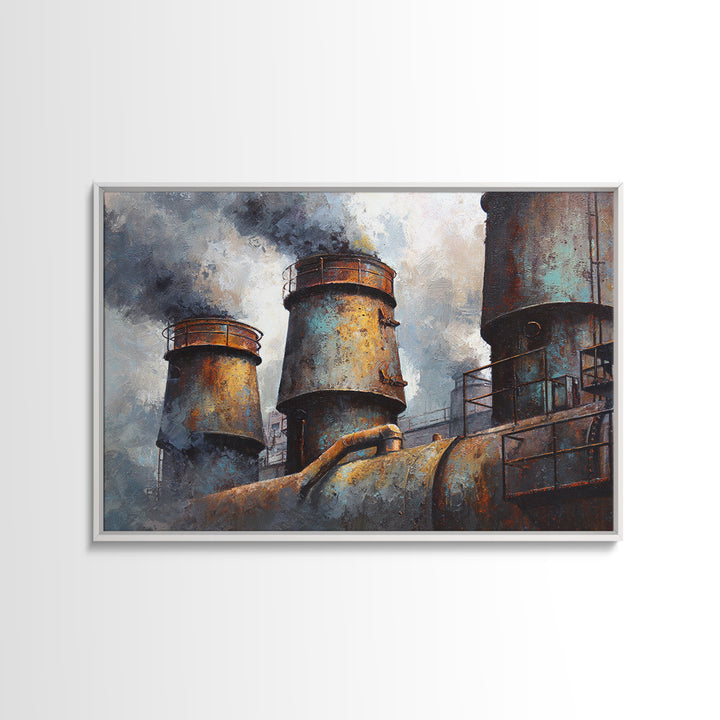 Factory Smokestacks with Moody Sky Framed Canvas Print, Industrial Art, Fine Art Print, Living Room Decor, Fine Art, Foundry, IND-3x2-63