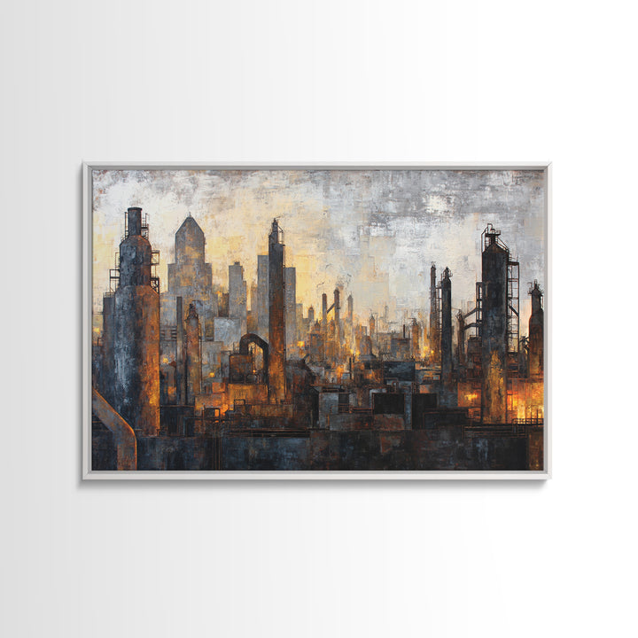 Industrial City Skyline Framed Canvas Print, Industrial Art, Art Print, Living Room Decor, Fine Art, Foundry, Modern Art, IND-3x2-64