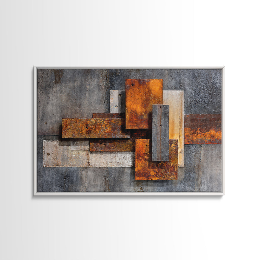 Rust Orange and Charcoal Geometric Abstraction Canvas Print, Industrial Art, Steampunk Decor, Living Room Decor, Abstract Art, IND-3x2-66