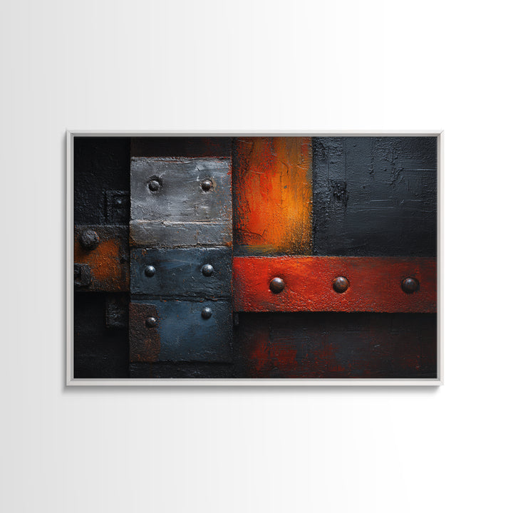 Riveted Metal Panel Texture Study Framed Canvas Print, Industrial Art, Living Room Decor, Oil Painting, Foundry, IND-3x2-74