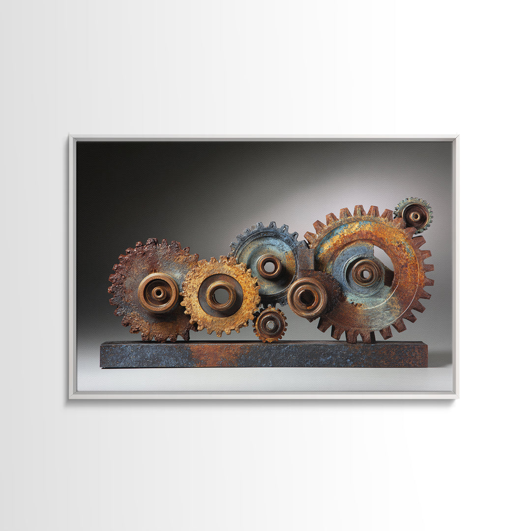 Rusted Gears Arranged as Sculptural Still Life Framed Canvas Print, Industrial Art, Wall Decor, Living Room Decor, Foundry, IND-3x2-77