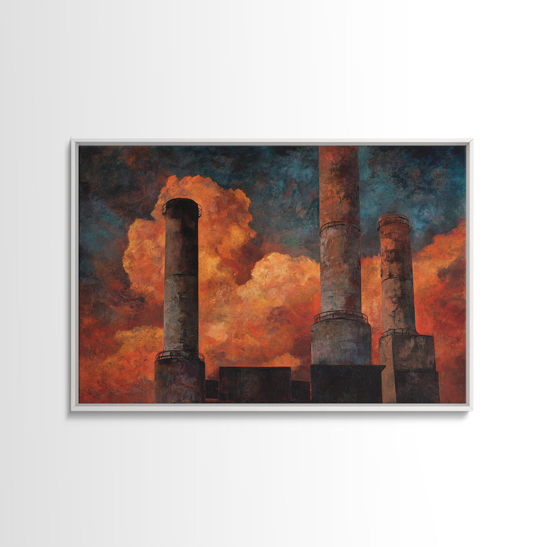 Factory Smokestacks with Moody Sky Framed Canvas Print, Industrial Art, Textured Wall Art, Living Room Decor, Fine Art, Foundry, IND-3x2-87