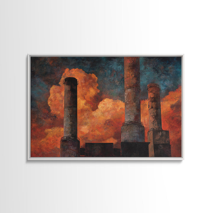 Factory Smokestacks with Moody Sky Framed Canvas Print, Industrial Art, Textured Wall Art, Living Room Decor, Fine Art, Foundry, IND-3x2-87