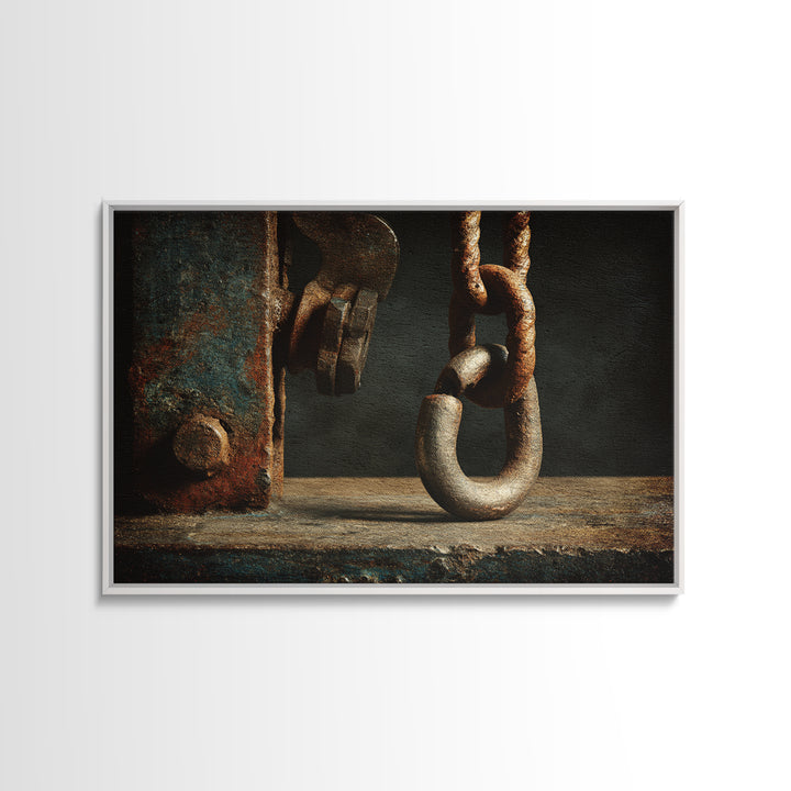 Chain and Hook Still Life Framed Canvas Print, Industrial Art, Textured Wall Art, Living Room Decor, Fine Art, Foundry, IND-3x2-92