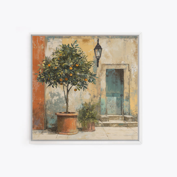 Orange Tree in a Courtyard Planter Canvas Print, Italian Villa Art, Coastal Decor, Living Room Decor, Fine Art, Villa, IVA-1x1-14