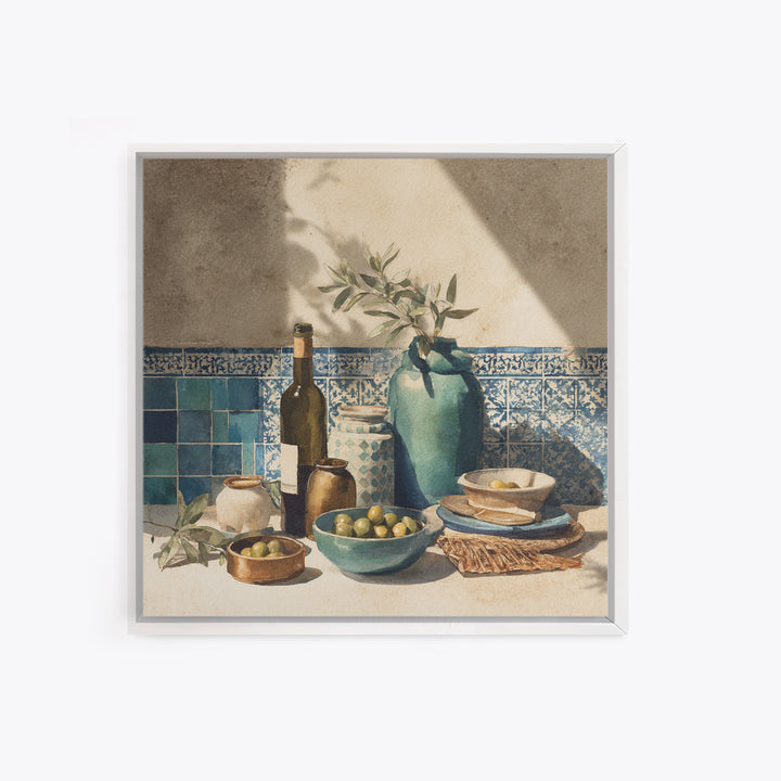 White Wine and Olives Still Life Framed Canvas Print, Italian Villa Art, Farmhouse Wall Art, Living Room Decor, Watercolor Art, IVA-1x1-16