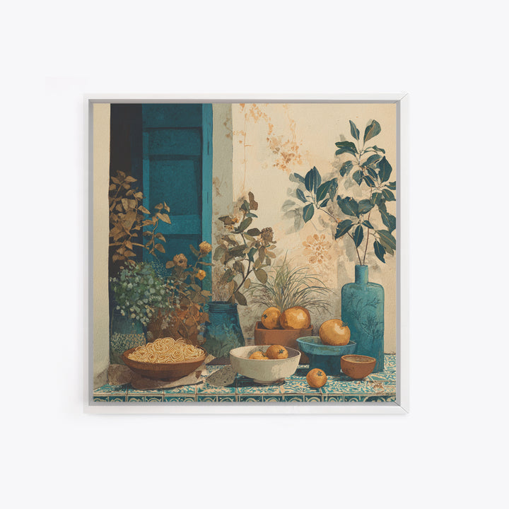 Pasta Herbs and Tomatoes Still Life Canvas Print, Italian Villa Art, Living Room Wall Art, Living Room Decor, Watercolor Art, IVA-1x1-19