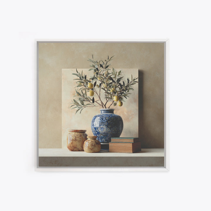 Lemon Branch in Blue Ceramic Vase Framed Canvas Print, Italian Villa Art, Bedroom Wall Art, Living Room Decor, Oil Painting, IVA-1x1-2