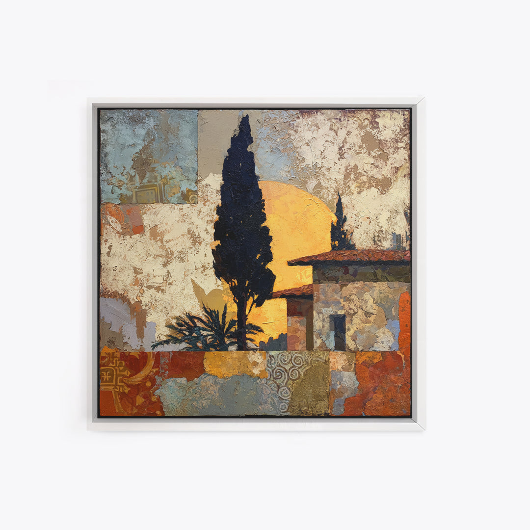 Cypress Silhouette at Sunset Framed Canvas Print, Italian Villa Art, Landscape Painting, Living Room Decor, Fine Art, Villa, IVA-1x1-21