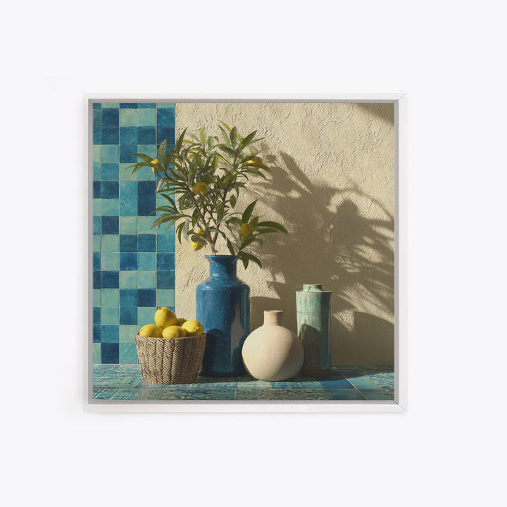 Lemon Branch in Blue Ceramic Vase Canvas Print, Italian Villa Art, Gallery Wall, Living Room Decor, Watercolor Art, Villa, IVA-1x1-26