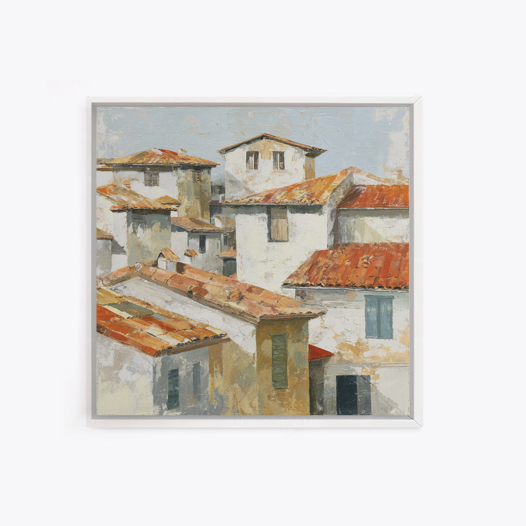 Terracotta Rooftops Against Pale Sky Framed Canvas Print, Italian Villa Art, Printable Art, Living Room Decor, Oil Painting, IVA-1x1-28