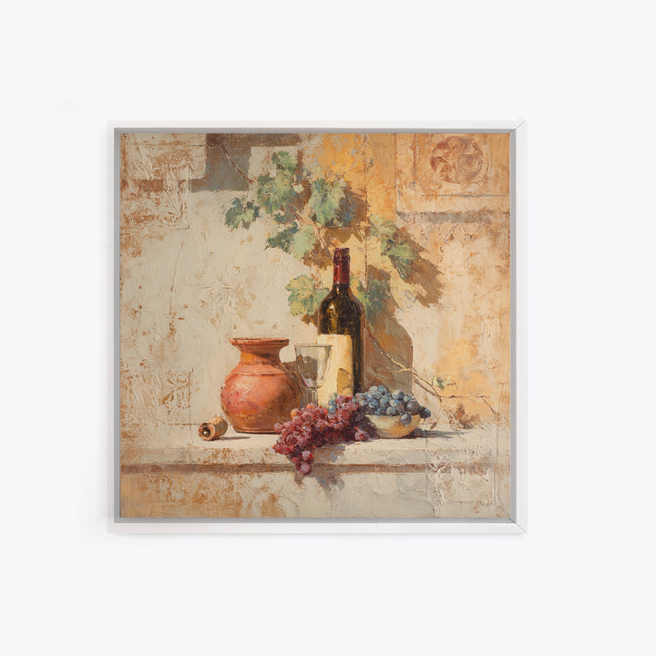 Grapevine and Wine Still Life on Linen Canvas Print, Italian Villa Art, Coastal Wall Art, Living Room Decor, Abstract Art, IVA-1x1-31