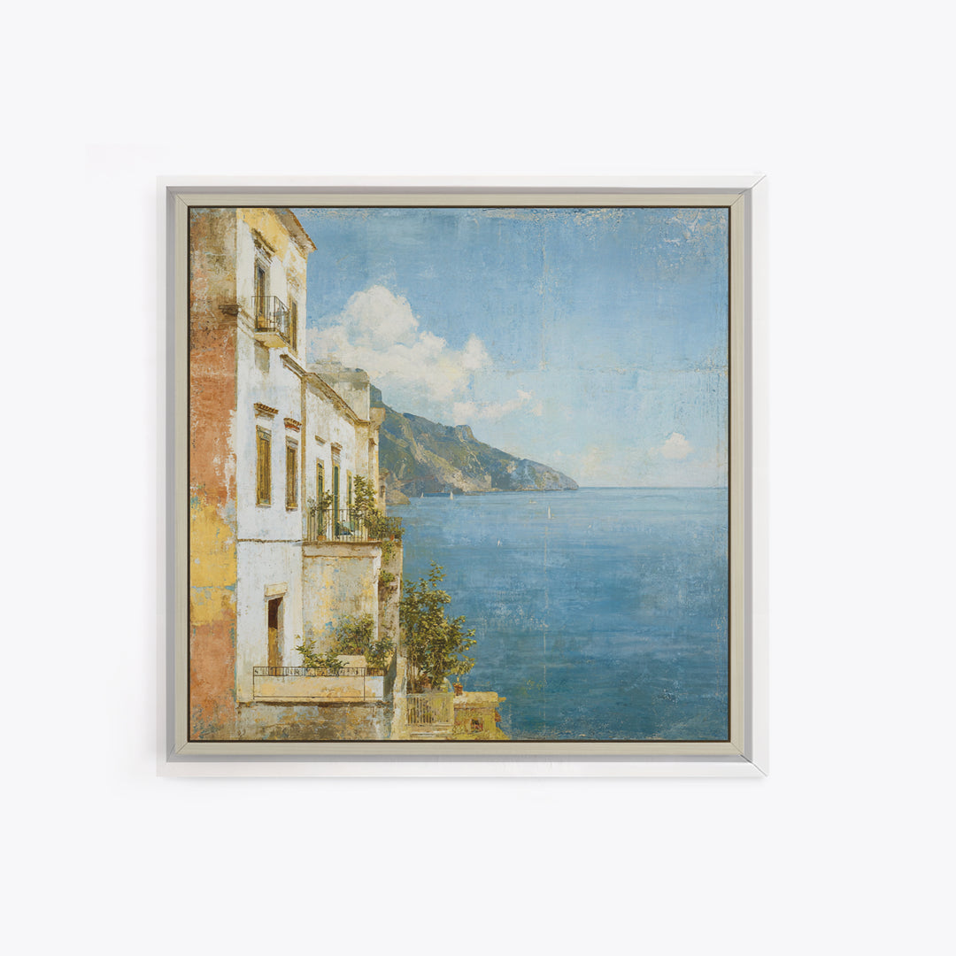 Amalfi Coast Cliffs Framed Canvas Print, Italian Villa Art, Colorful Wall Art, Living Room Decor, Oil Painting, Villa, IVA-1x1-37