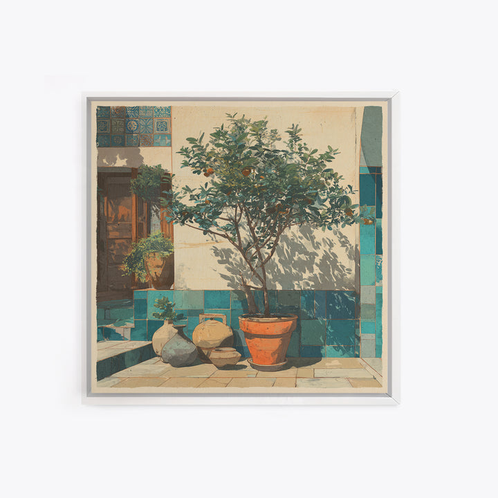 Orange Tree in a Courtyard Planter Framed Canvas Print, Italian Villa Art, Digital Download Art, Living Room Decor, Villa, IVA-1x1-38