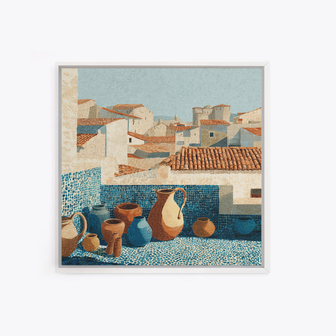Terracotta Rooftops Against Pale Sky Canvas Print, Italian Villa Art, Wall Art Prints, Living Room Decor, Watercolor Art, Villa, IVA-1x1-4