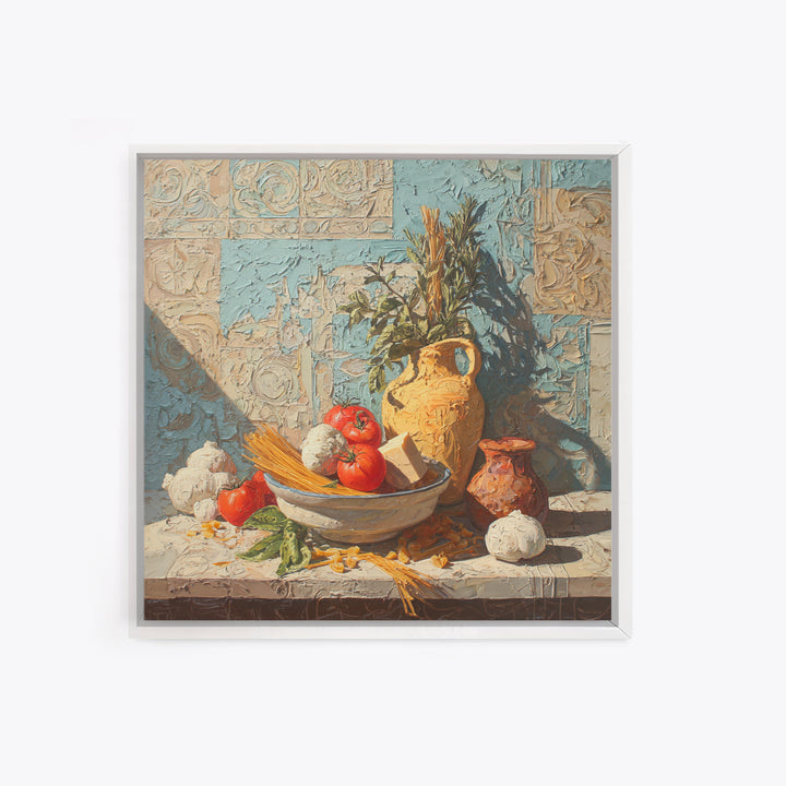 Pasta Herbs and Tomatoes Still Life Framed Canvas Print, Italian Villa Art, Farmhouse Wall Art, Living Room Decor, Oil Painting, IVA-1x1-43