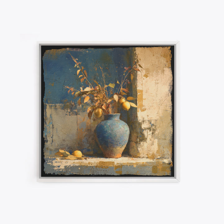 Lemon Branch in Blue Ceramic Vase Canvas Print, Italian Villa Art, Gallery Wall, Living Room Decor, Watercolor Art, Villa, IVA-1x1-50