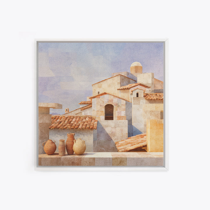 Terracotta Rooftops Against Pale Sky Framed Canvas Print, Italian Villa Art, Colorful Wall Art, Living Room Decor, Villa, IVA-1x1-52
