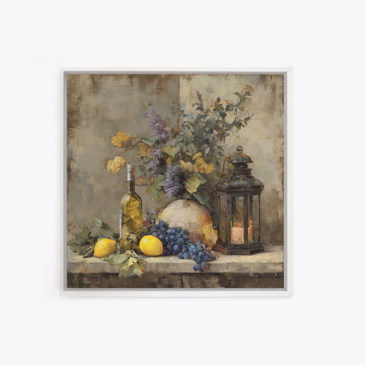 Grapevine and Wine Still Life on Linen Canvas Print, Italian Villa Art, Neutral Wall Art, Living Room Decor, Abstract Art, IVA-1x1-55
