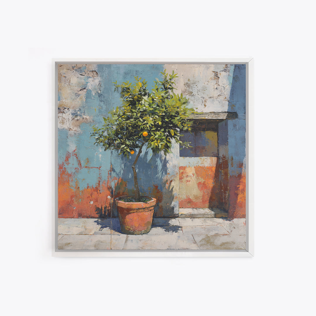 Orange Tree in a Courtyard Planter Framed Canvas Print, Italian Villa Art, Digital Download Art, Living Room Decor, Villa, IVA-1x1-62