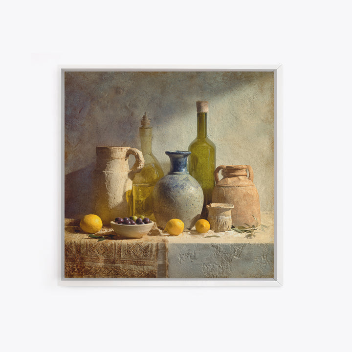 White Wine and Olives Still Life Framed Canvas Print, Italian Villa Art, Farmhouse Wall Art, Living Room Decor, Fine Art, Villa, IVA-1x1-64