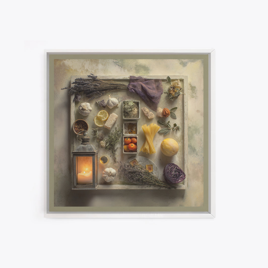Pasta Herbs and Tomatoes Still Life Framed Canvas Print, Italian Villa Art, Digital Art Print, Living Room Decor, Villa, IVA-1x1-67