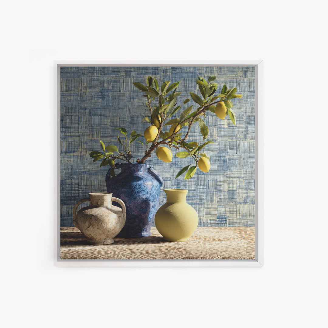 Lemon Branch in Blue Ceramic Vase Framed Canvas Print, Italian Villa Art, Gallery Wall Set, Living Room Decor, Watercolor Art, IVA-1x1-74