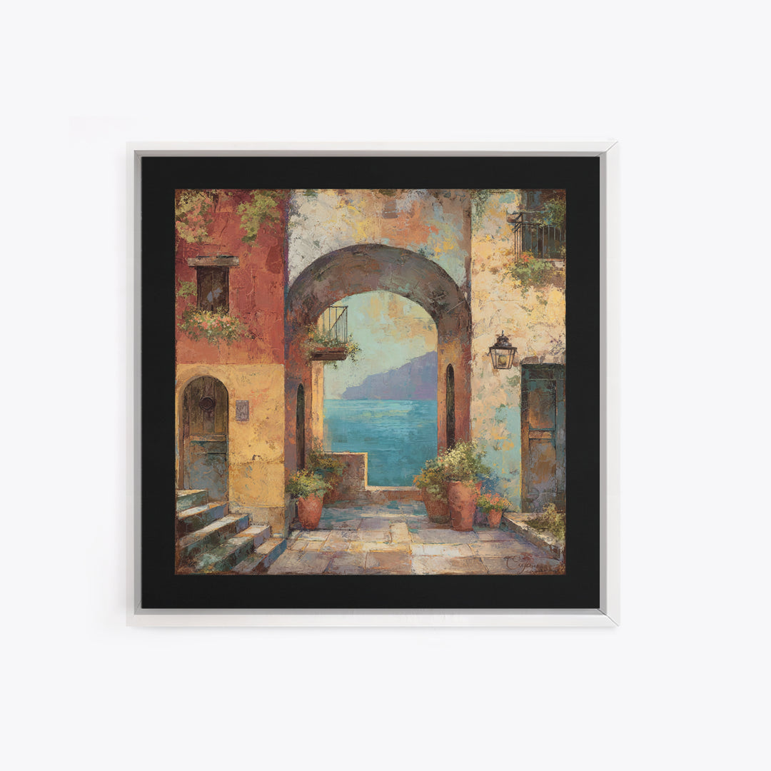 Mediterranean Arch Framing Blue Sea Framed Canvas Print, Italian Villa Art, Home Decor, Living Room Decor, Fine Art, Villa, IVA-1x1-80