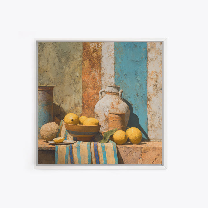 Coastal Lemons and Striped Cloth Arrangement Canvas Print, Italian Villa Art, Printable Wall Art, Living Room Decor, Villa, IVA-1x1-96