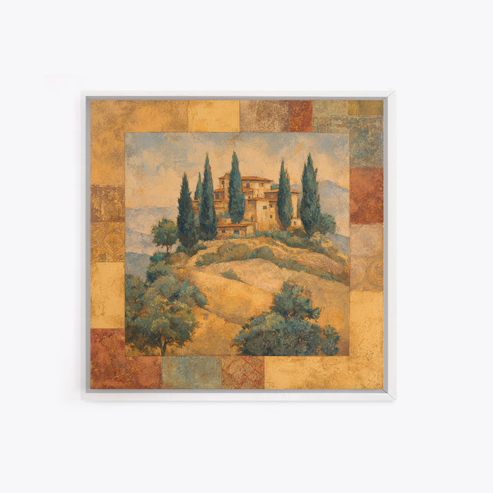 Tuscan Hillside with Cypress Trees and Golden Canvas Print, Italian Villa Art, Living Room Decor, Oil Painting, Villa, IVA-1x1-97