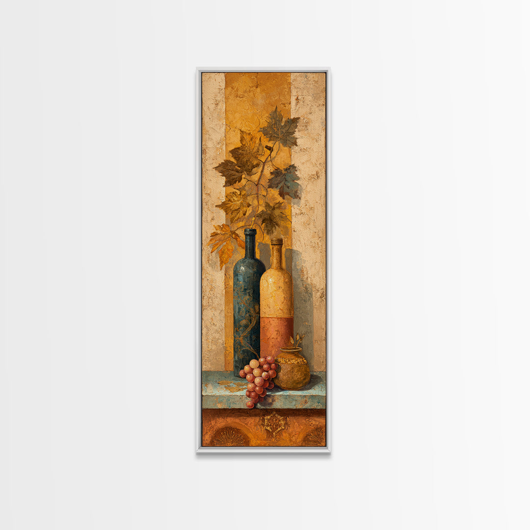 Grapevine and Wine Still Life on Linen Framed Canvas Print, Italian Villa Art, Digital Art Print, Living Room Decor, Villa, IVA-1x3-19