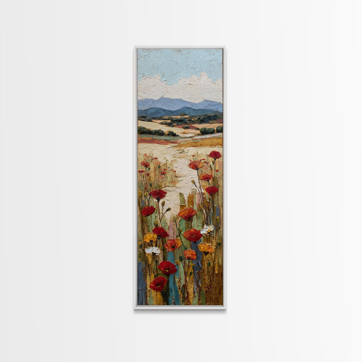 Tuscan Poppy Field Framed Canvas Print, Italian Villa Art, Travel Poster, Living Room Decor, Watercolor Art, Villa, IVA-1x3-3
