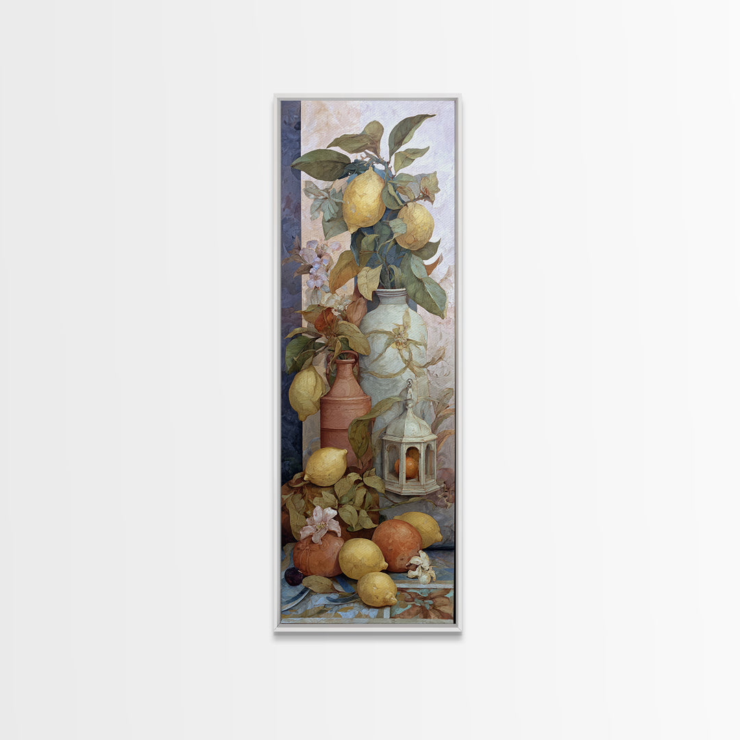 Coastal Lemons and Striped Cloth Arrangement Framed Canvas Print, Italian Villa Art, Landscape Print, Living Room Decor, Villa, IVA-1x3-36
