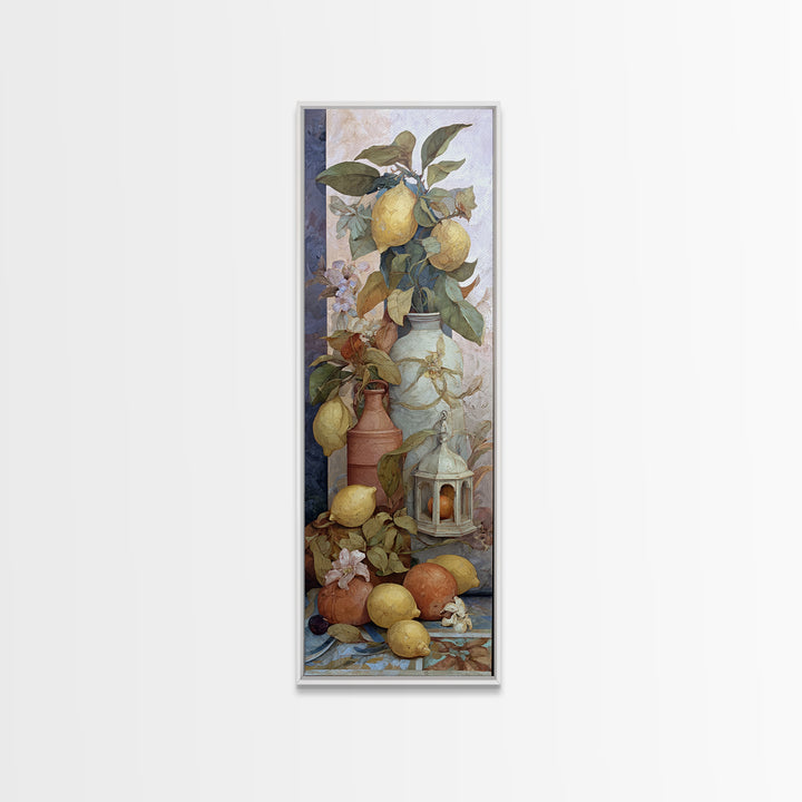 Coastal Lemons and Striped Cloth Arrangement Framed Canvas Print, Italian Villa Art, Landscape Print, Living Room Decor, Villa, IVA-1x3-36
