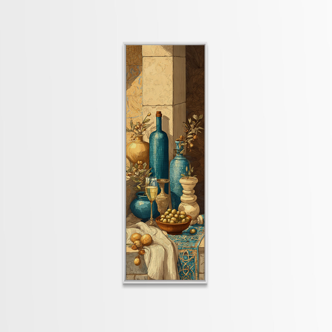 White Wine and Olives Still Life Framed Canvas Print, Italian Villa Art, Colorful Wall Art, Living Room Decor, Fine Art, Villa, IVA-1x3-4