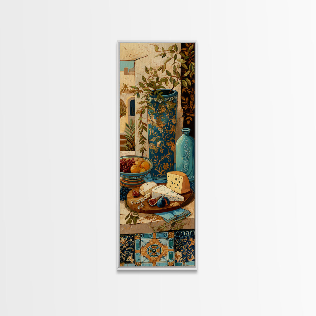Figs and Cheese on Rustic Wooden Board Framed Canvas Print, Italian Villa Art, Travel Poster, Living Room Decor, Oil Painting, IVA-1x3-45