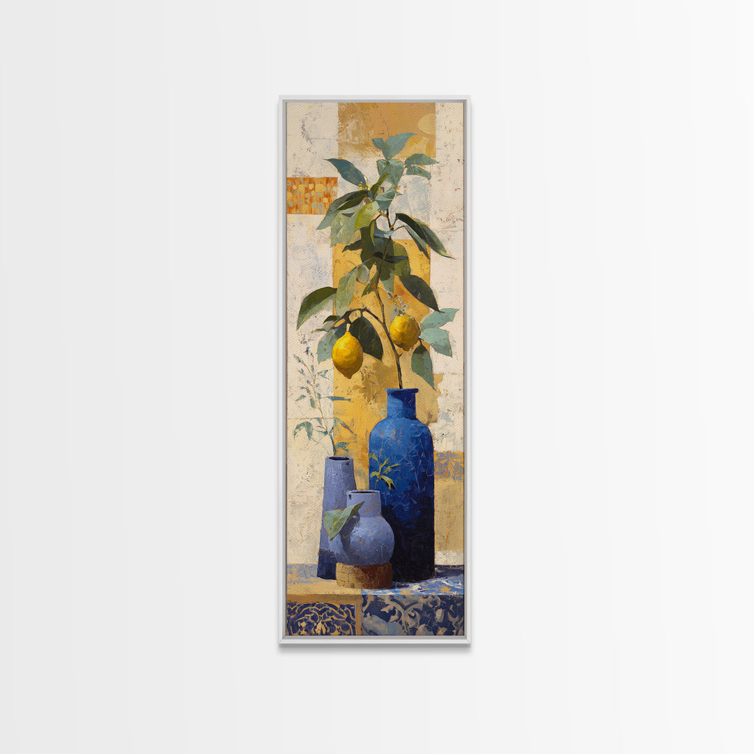 Lemon Branch in Blue Ceramic Vase Framed Canvas Print, Italian Villa Art, Gallery Wall Set, Living Room Decor, Oil Painting, IVA-1x3-62