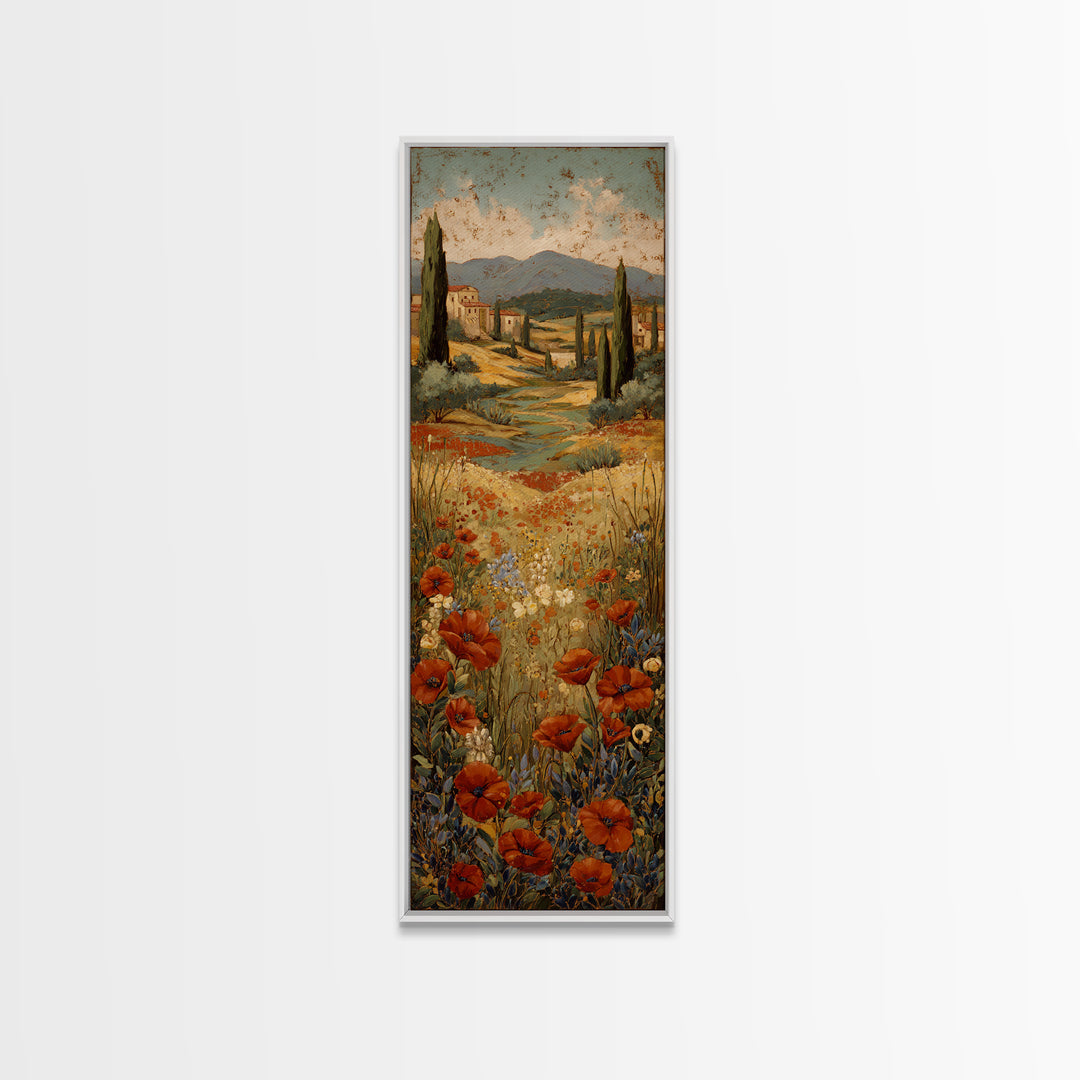 Tuscan Poppy Field Framed Canvas Print, Italian Villa Art, Printable Wall Art, Living Room Decor, Villa, Coastal Wall Art, IVA-1x3-75