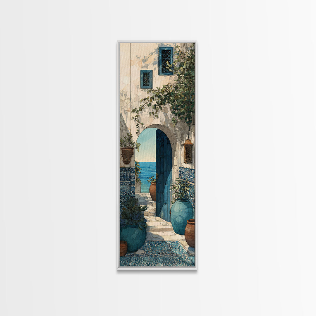 Mediterranean Arch Framing Blue Sea Framed Canvas Print, Italian Villa Art, Contemporary Art, Living Room Decor, Villa, IVA-1x3-92