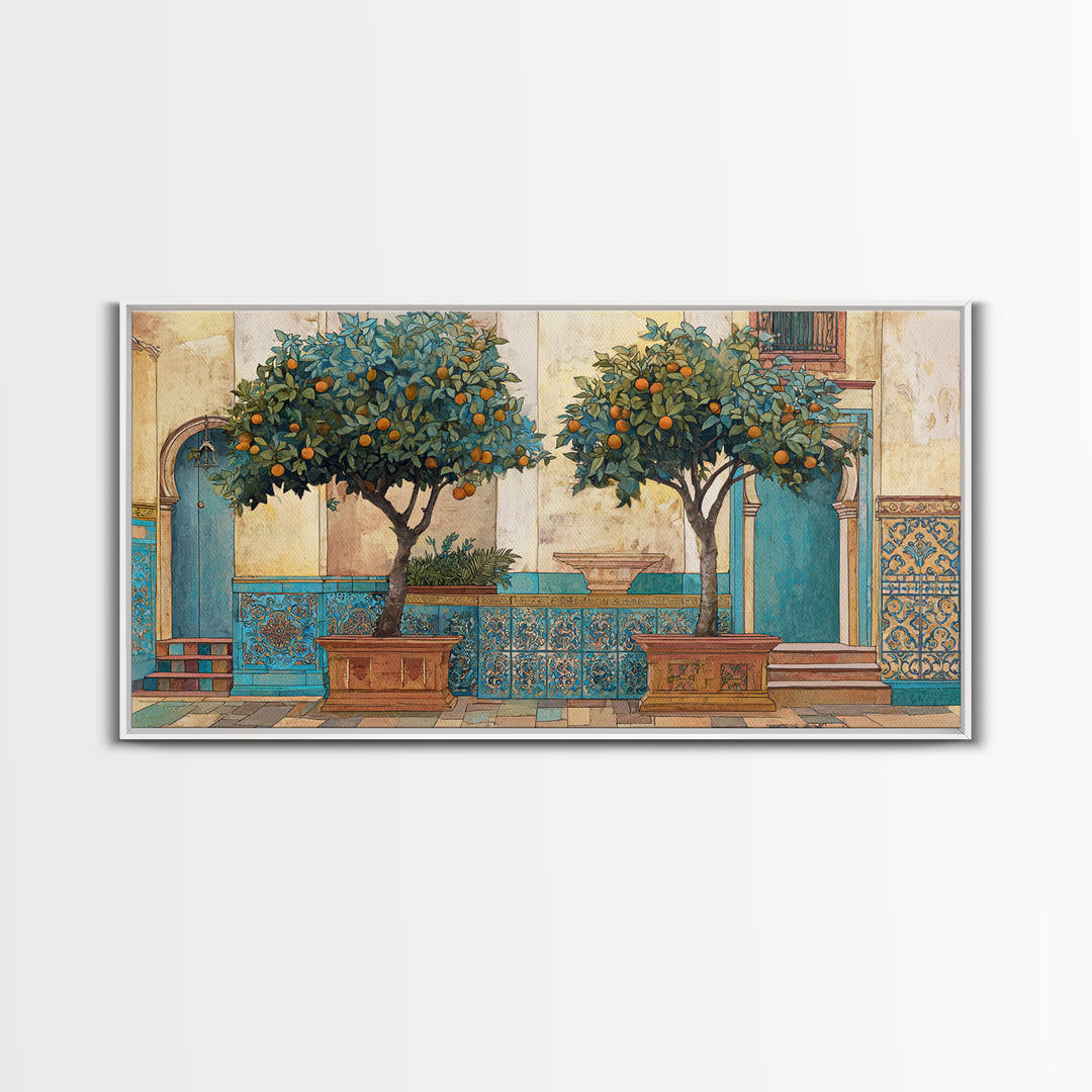 Orange Tree in a Courtyard Planter Framed Canvas Print, Italian Villa Art, Home Decor, Living Room Decor, Fine Art, Villa, IVA-2x1-10